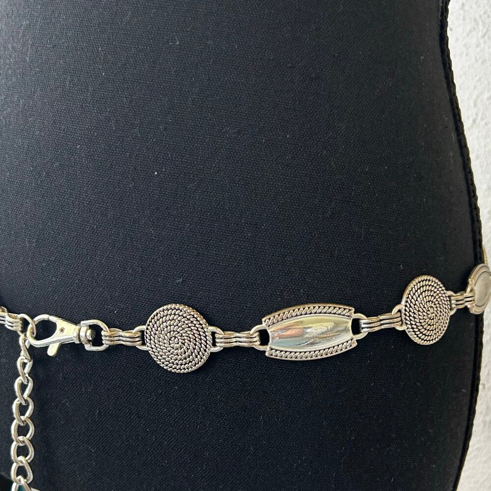 Vintage Silver Tone Concho Chain Belt Western Boho 90s Adjustable Belt 38 / 40 - Picture 3 of 11